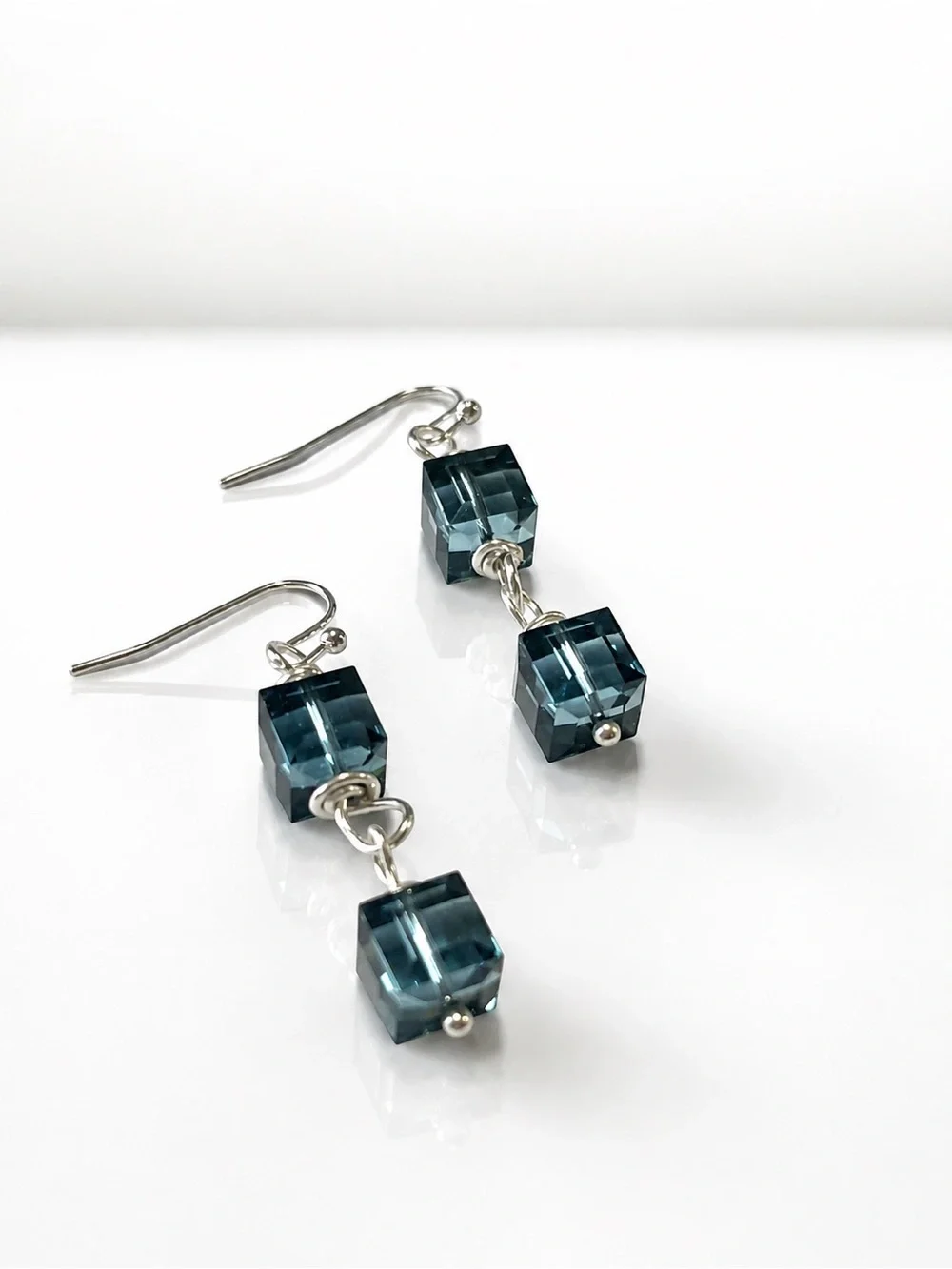 Swarovski Montana Blue Cube Crystal Silver Drop Earrings